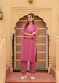 Juniper Women'S Pink Striped Cotton Kurta & Pants Co-Ord Set With Thread And Mirror Work | Grocsy