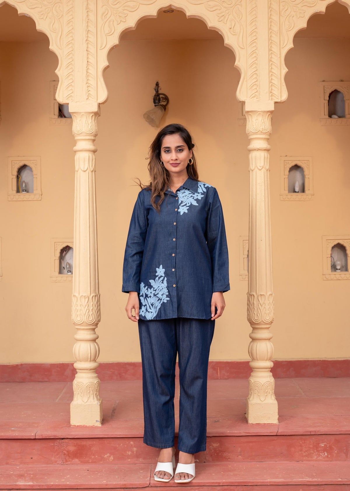 Juniper Women'S Blue Embroidered Cotton Top & Pants Co-Ord Set With Thread Work | Grocsy