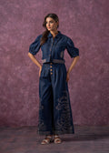 Juniper Embroidered Navy Blue Shirt & Straight Pants Co-Ord Set | Grocsy