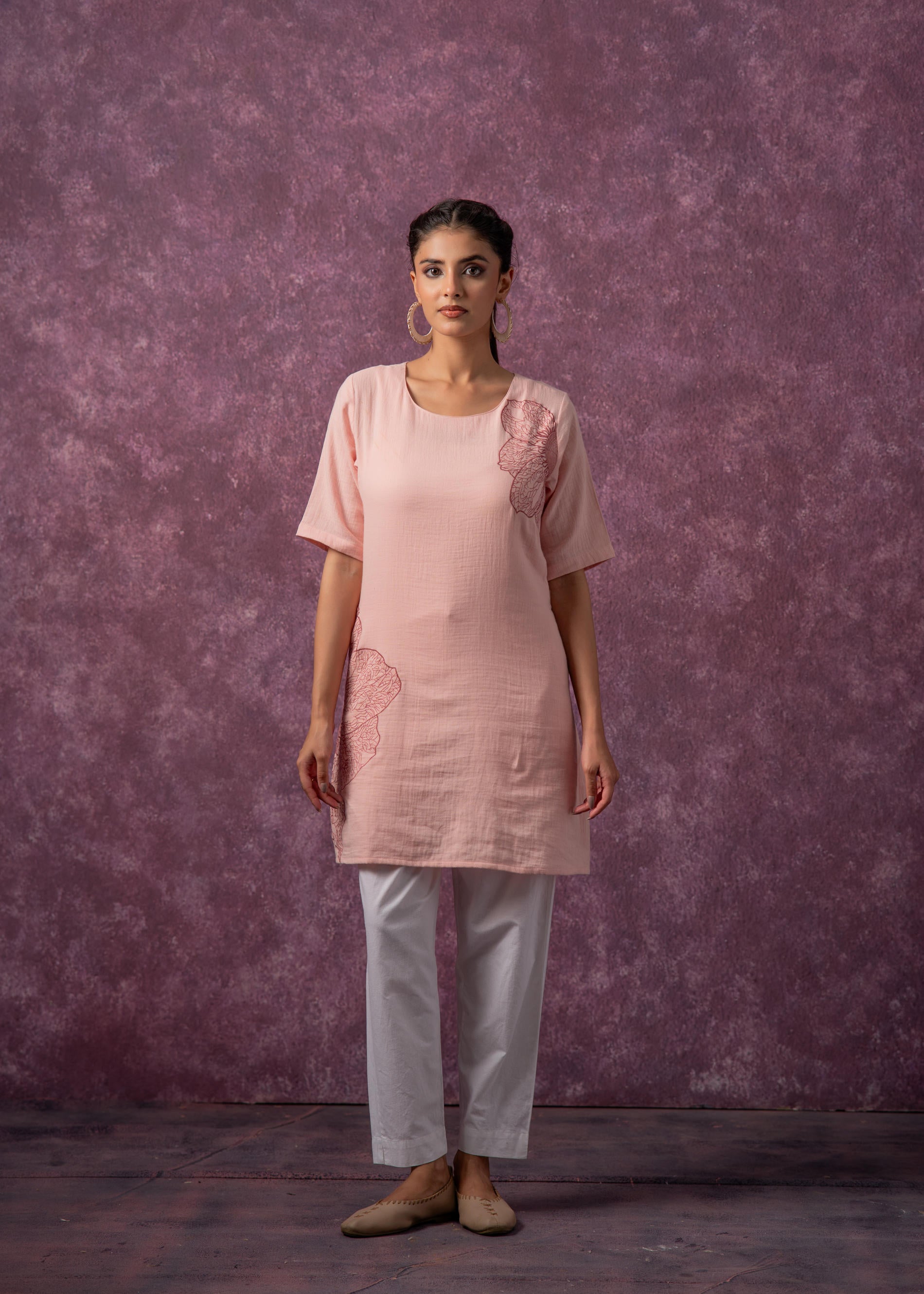 Juniper Peach Cotton Embroidered Straight Kurta For Women | Grocsy