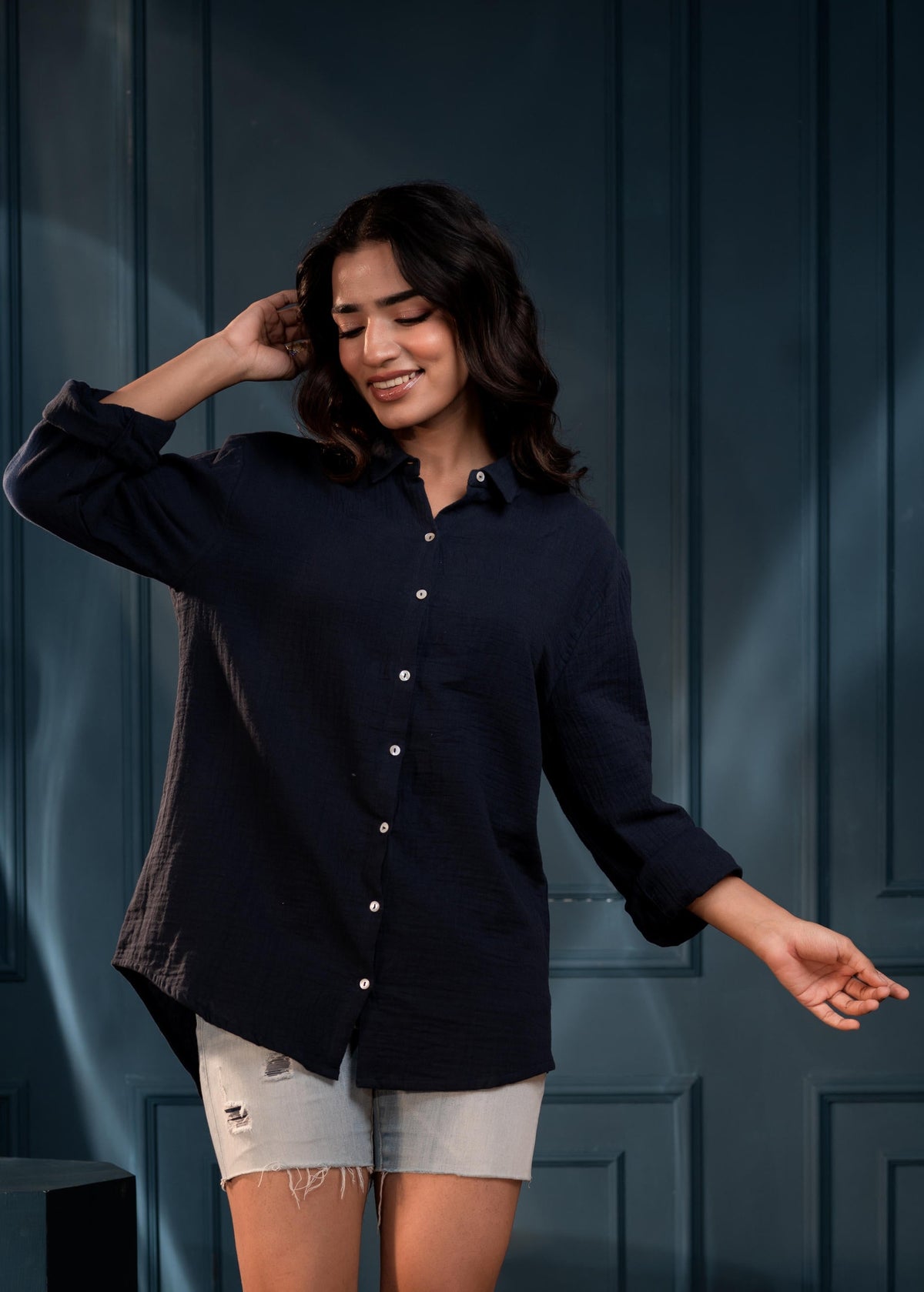 Juniper Women'S Navy Cotton Shirt With Full Sleeves And Front Slit | Grocsy
