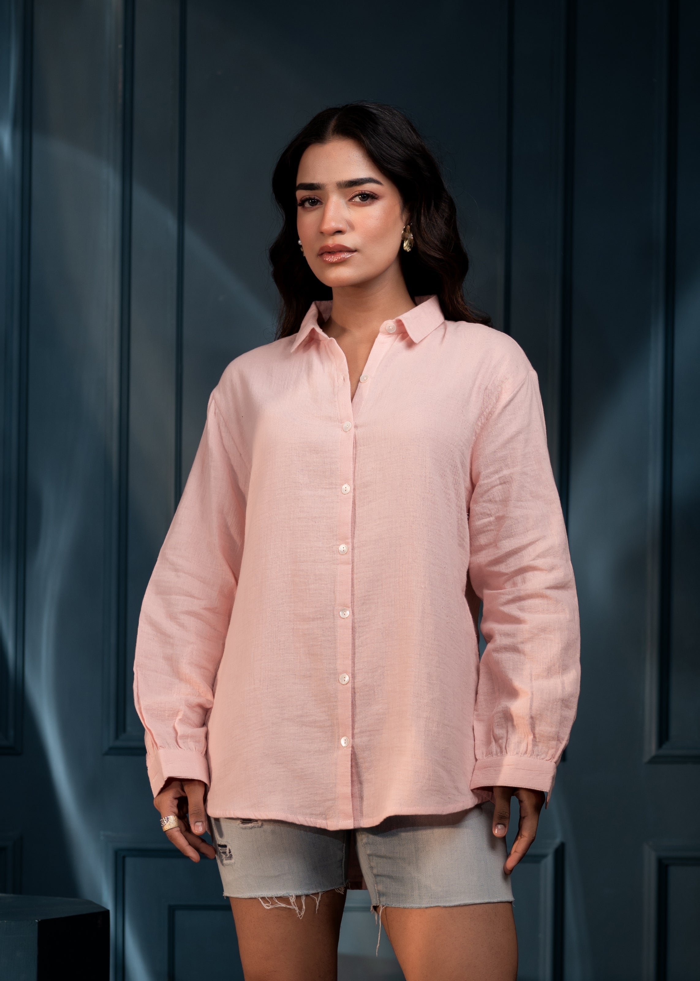 Juniper Women'S Peach Cotton Shirt With Full Sleeves And Front Slit | Grocsy