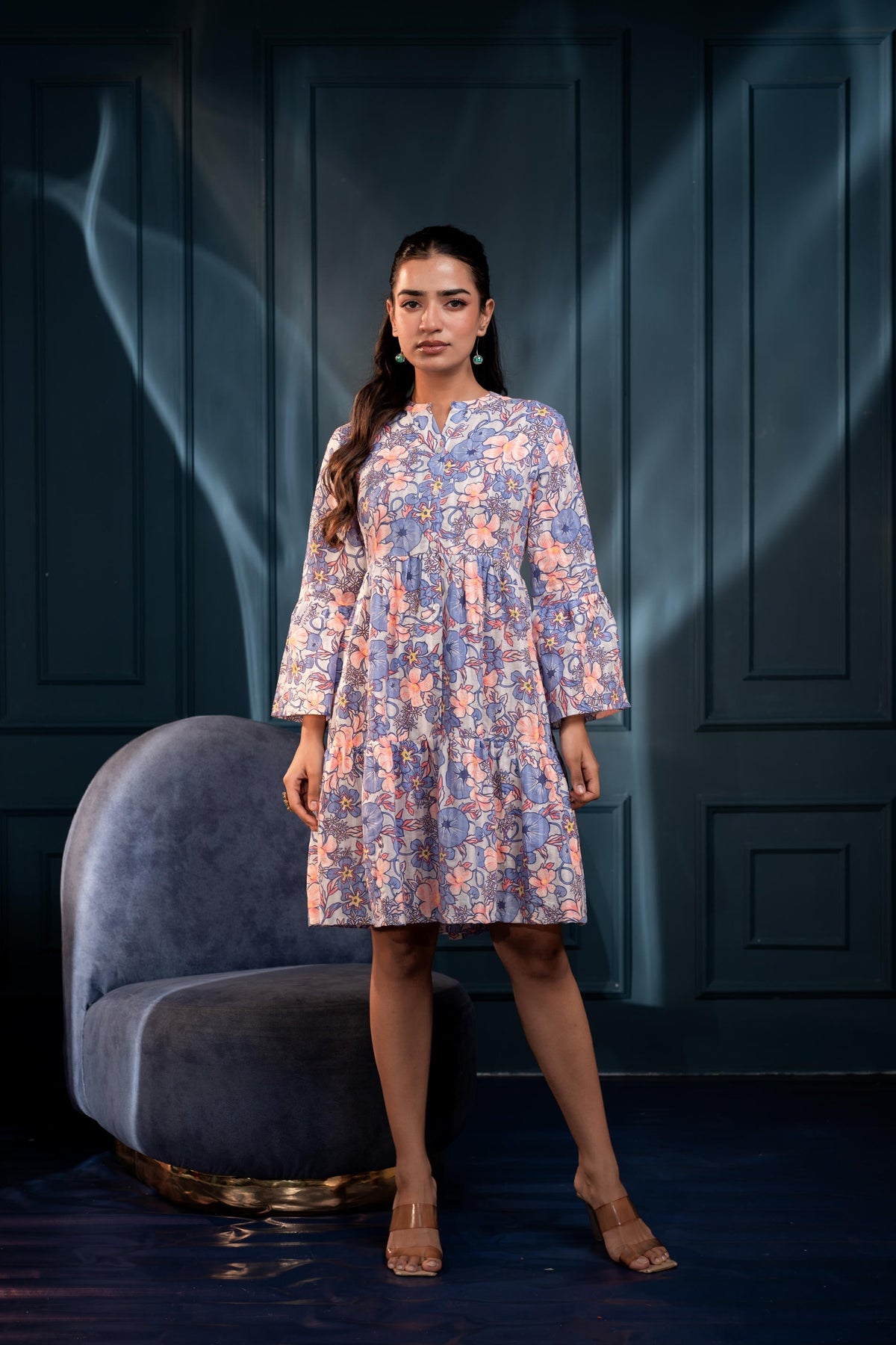 Juniper Women'S Blue & Orange Floral Cotton Short Dress | Grocsy