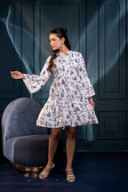 Juniper Women'S Off-White & Blue Cotton Short Dress With Tropical Print | Grocsy