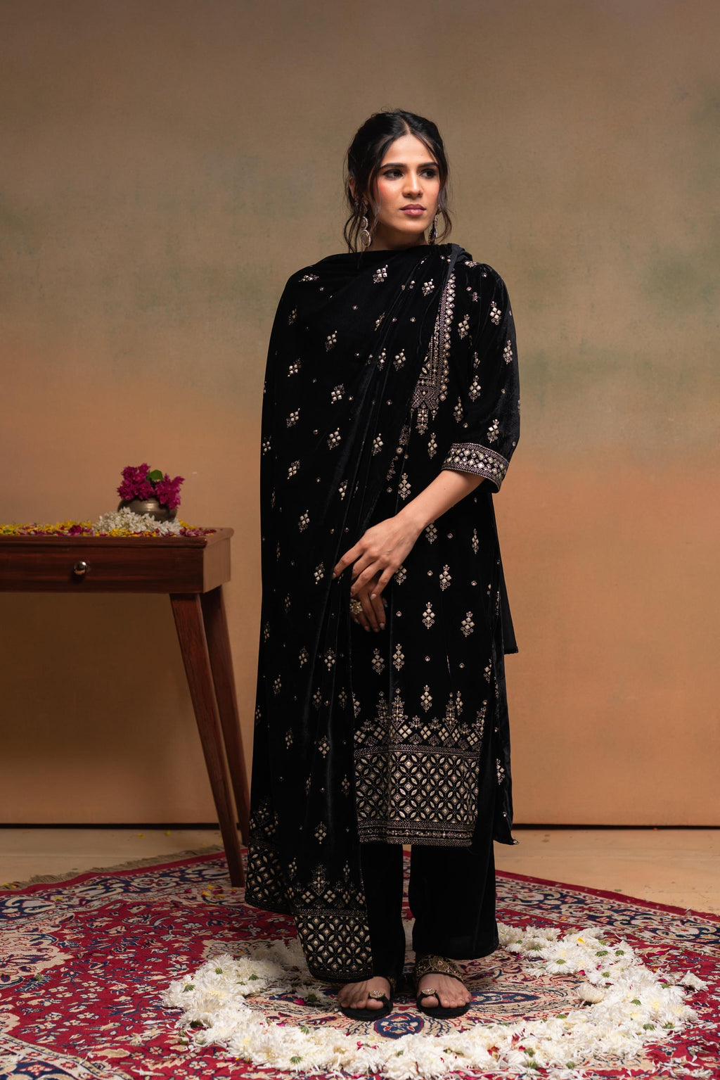 Juniper Black Embroidered Straight Kurta Set With Geometric Yoke & Matching Dupatta | Grocsy