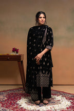 Juniper Black Embroidered Straight Kurta Set With Geometric Yoke & Matching Dupatta | Grocsy