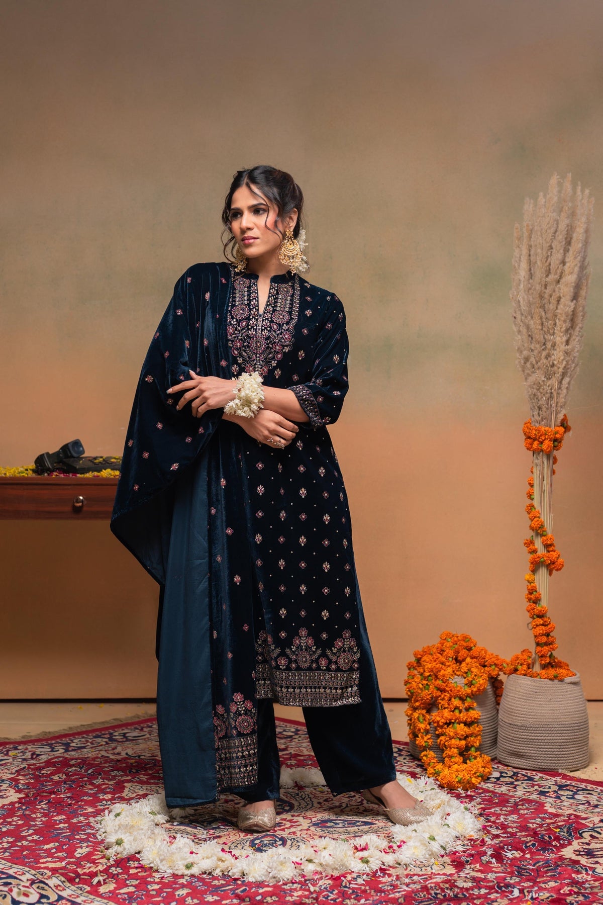 Juniper Teal Embroidered Straight Kurta Set With Dupatta | Grocsy
