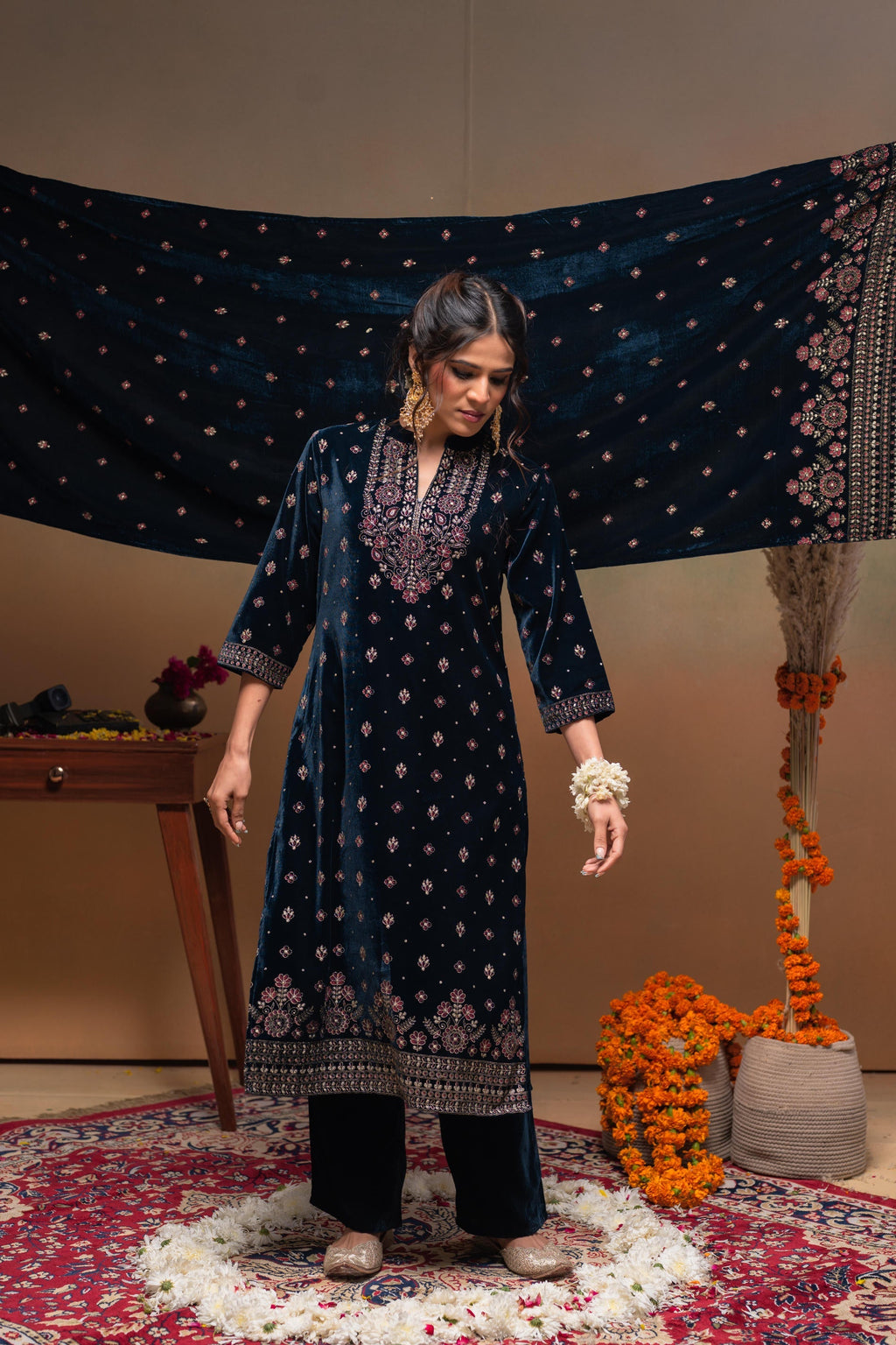 Juniper Teal Embroidered Straight Kurta Set With Dupatta | Grocsy