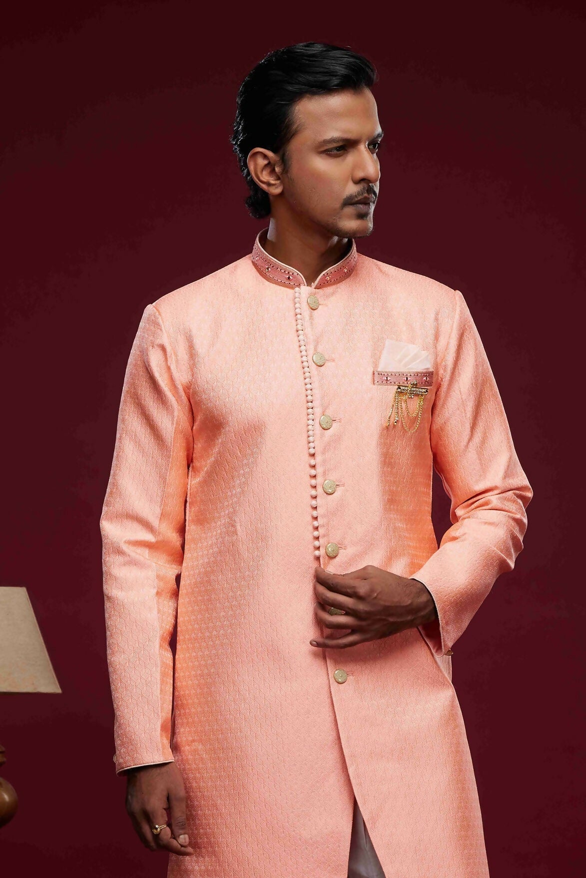 Raivat Ethnic Banarasi Jacquard Embroidery Semi Indo Western Sherwani In Pink Colour | Grocsy
