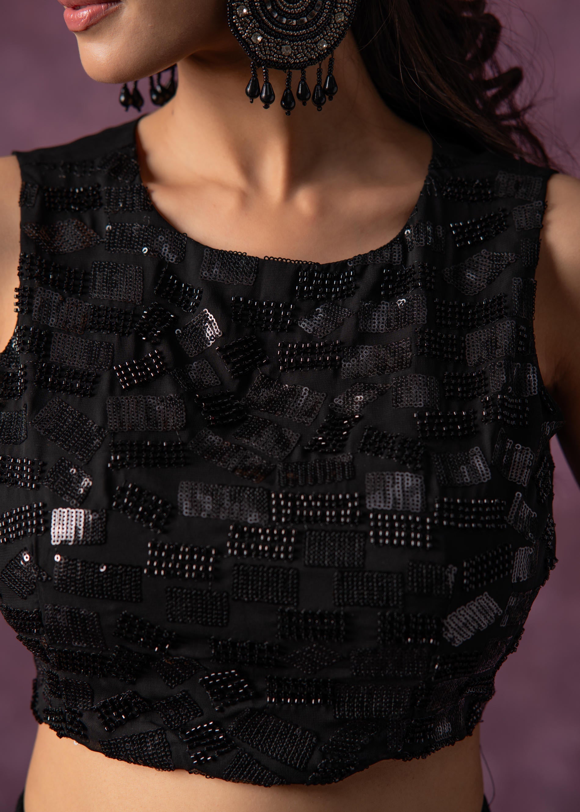 Juniper Black Solid Embellished Sleeveless Top With Beads & Sequence Work | Grocsy