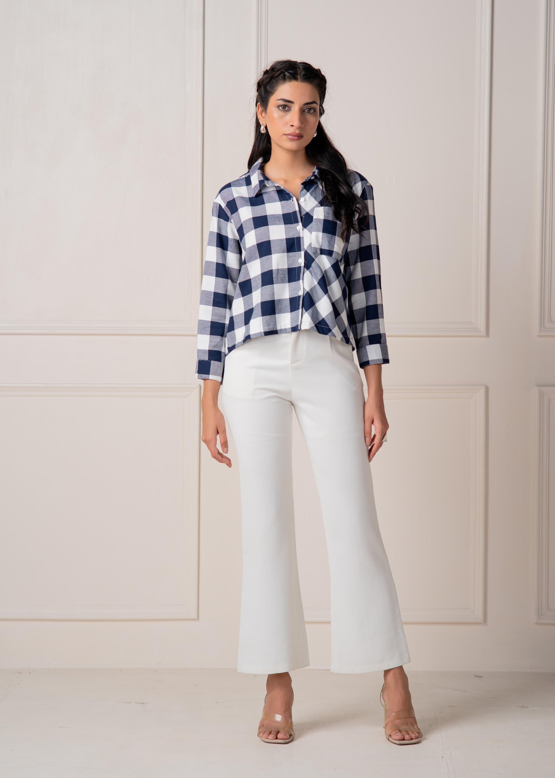 Juniper Lamora Navy & White Large Checkered Casual Button-Down Shirt | Grocsy