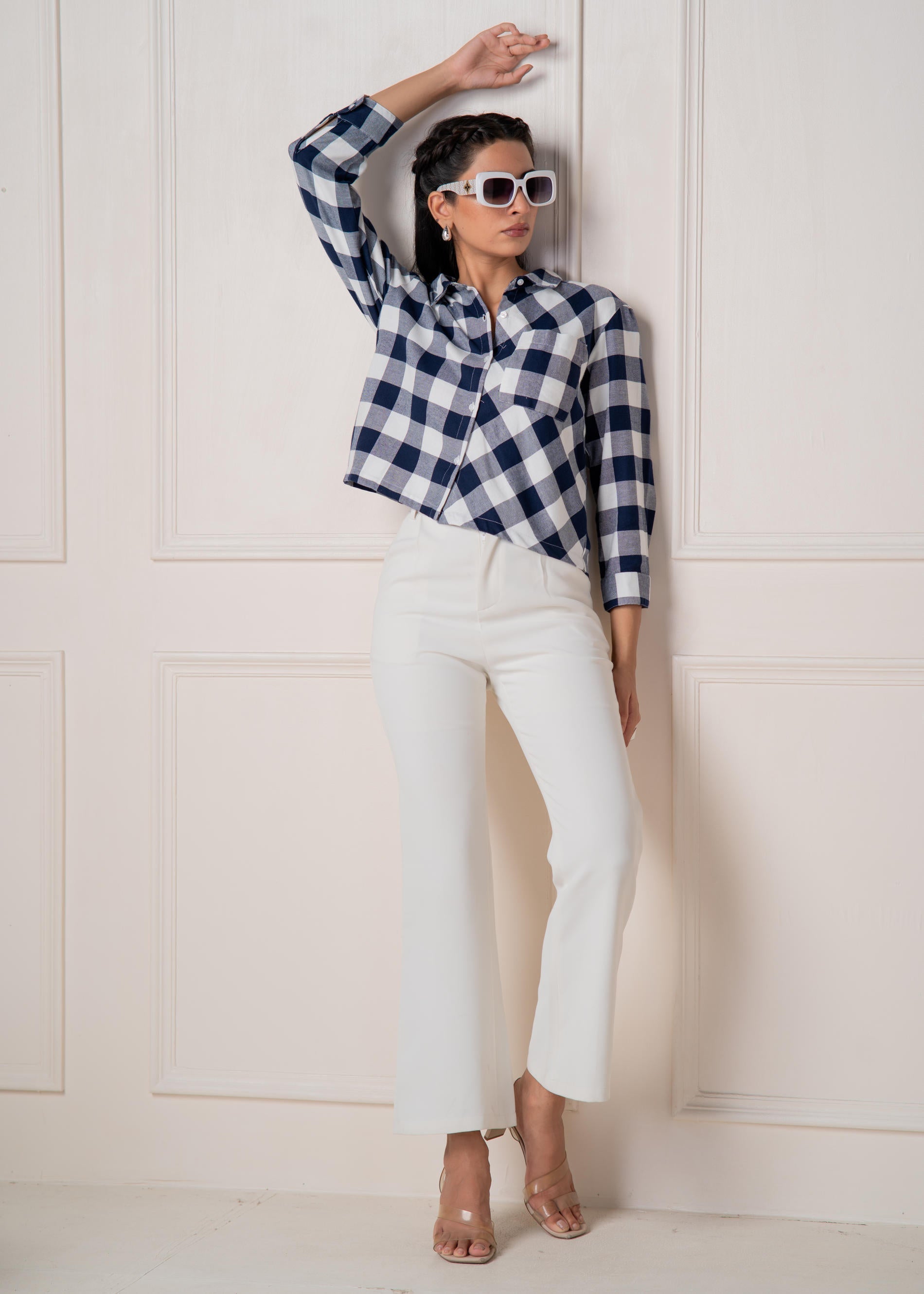 Juniper Lamora Navy & White Large Checkered Casual Button-Down Shirt | Grocsy