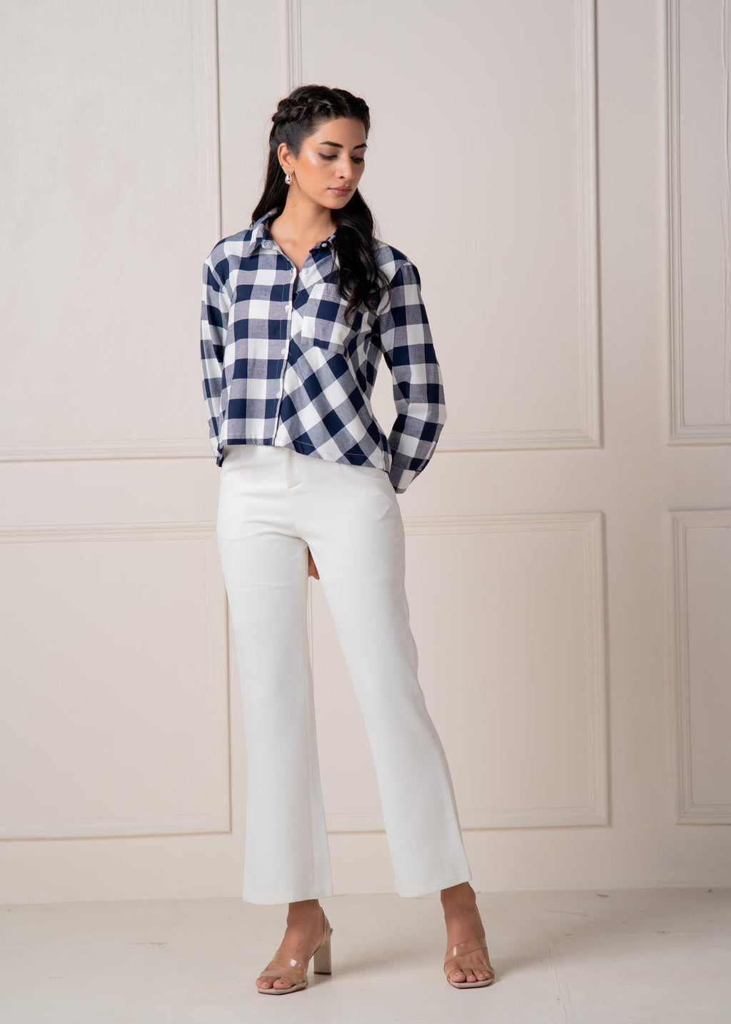 Juniper Lamora Navy & White Large Checkered Casual Button-Down Shirt | Grocsy