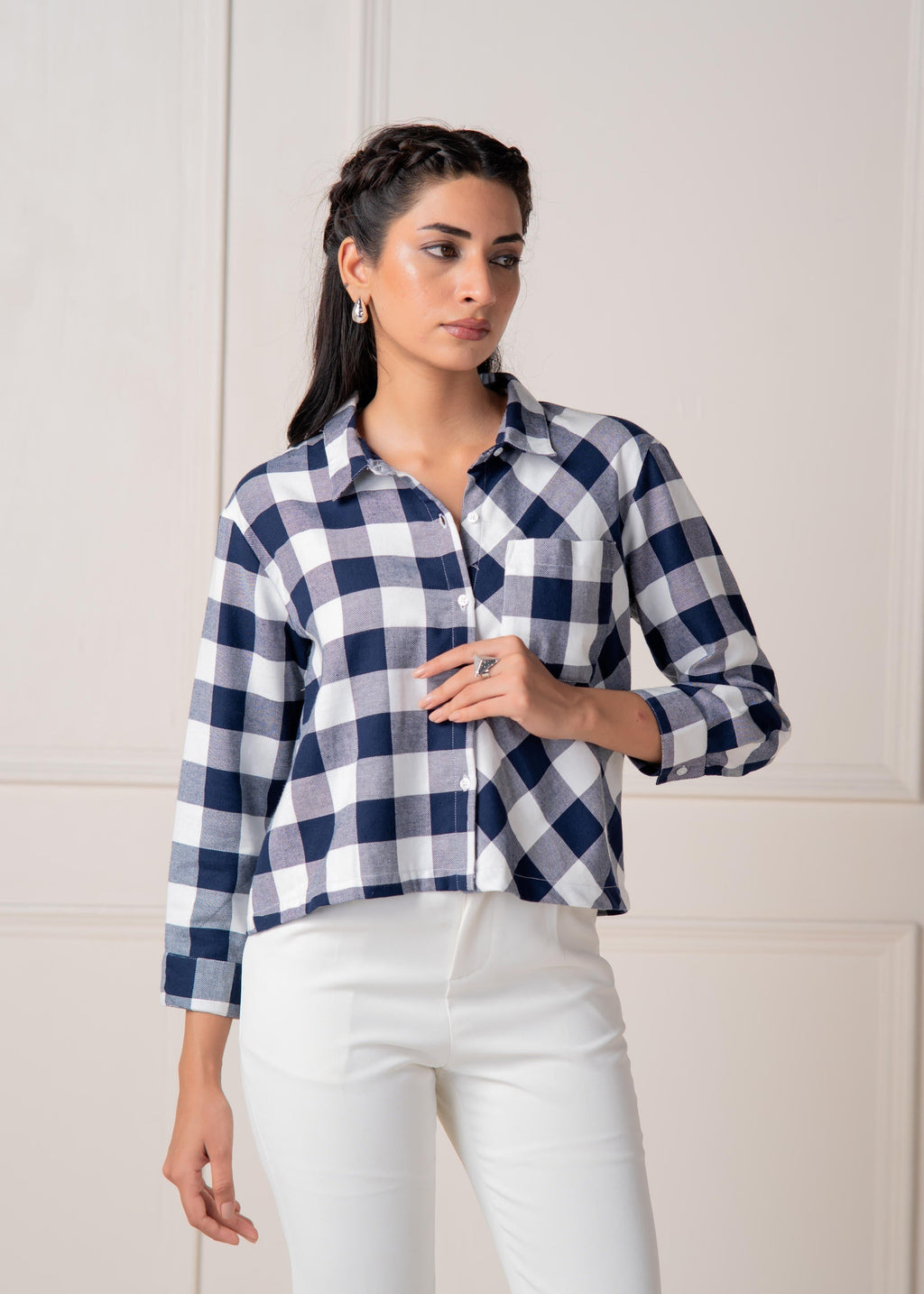 Juniper Lamora Navy & White Large Checkered Casual Button-Down Shirt | Grocsy