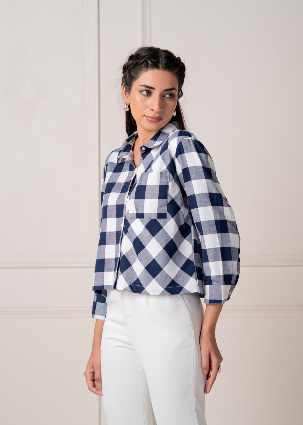 Juniper Lamora Navy & White Large Checkered Casual Button-Down Shirt | Grocsy