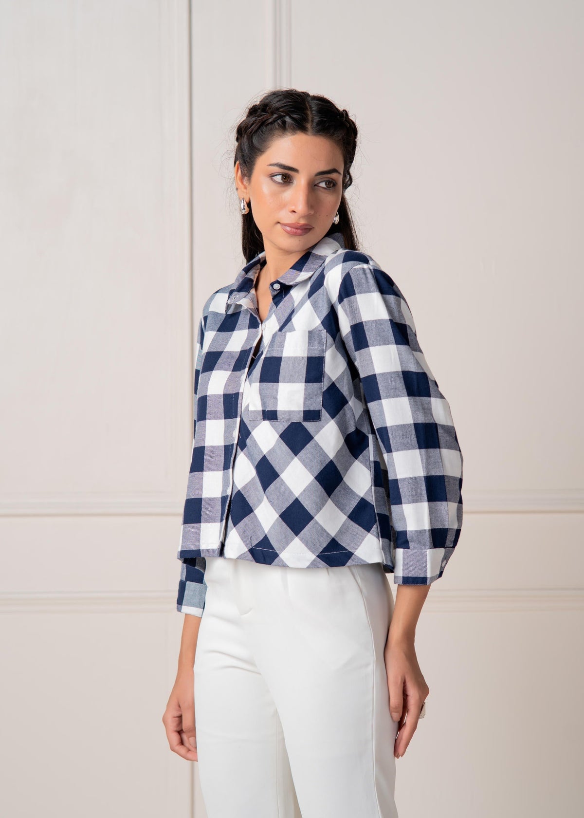 Juniper Lamora Navy & White Large Checkered Casual Button-Down Shirt | Grocsy