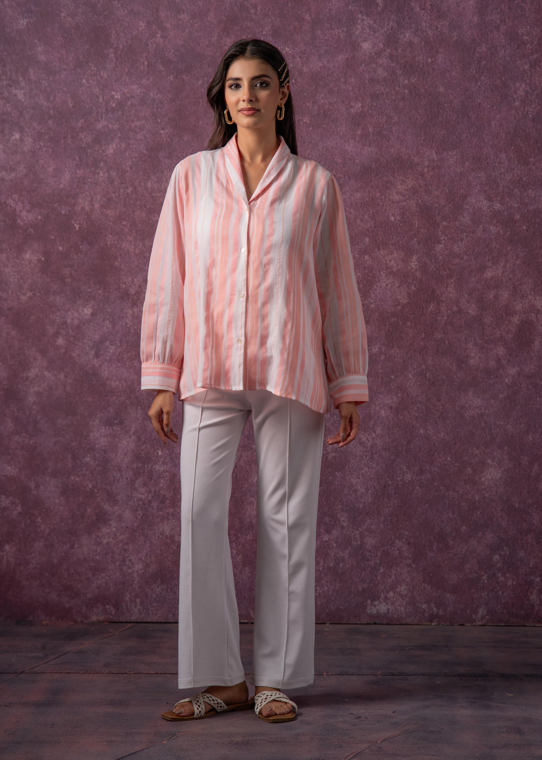 Juniper Lamora Peach & White Vertical Striped Relaxed-Fit Button-Down Shirt | Grocsy