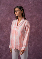 Juniper Lamora Peach & White Vertical Striped Relaxed-Fit Button-Down Shirt | Grocsy