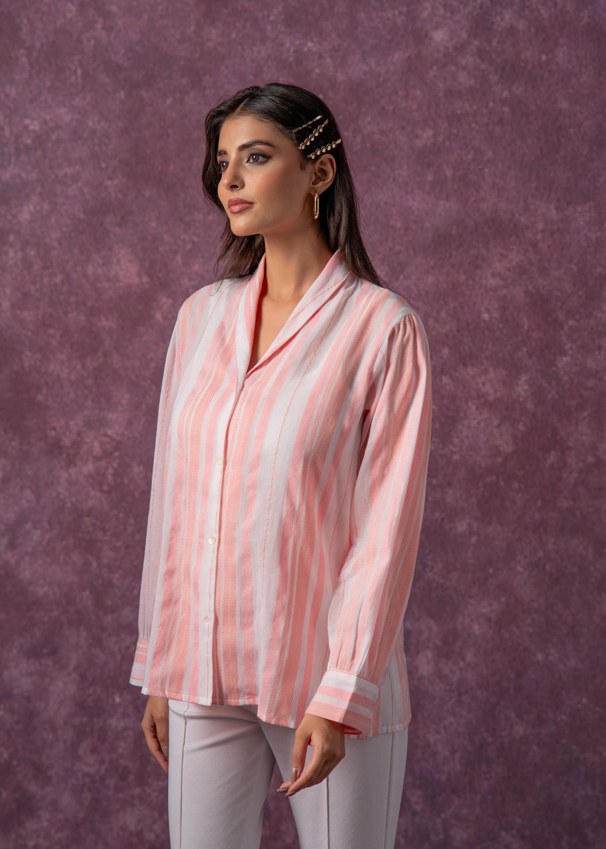 Juniper Lamora Peach & White Vertical Striped Relaxed-Fit Button-Down Shirt | Grocsy