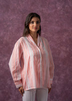 Juniper Lamora Peach & White Vertical Striped Relaxed-Fit Button-Down Shirt | Grocsy