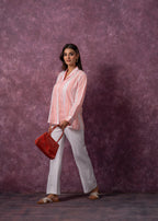 Juniper Lamora Peach & White Vertical Striped Relaxed-Fit Button-Down Shirt | Grocsy