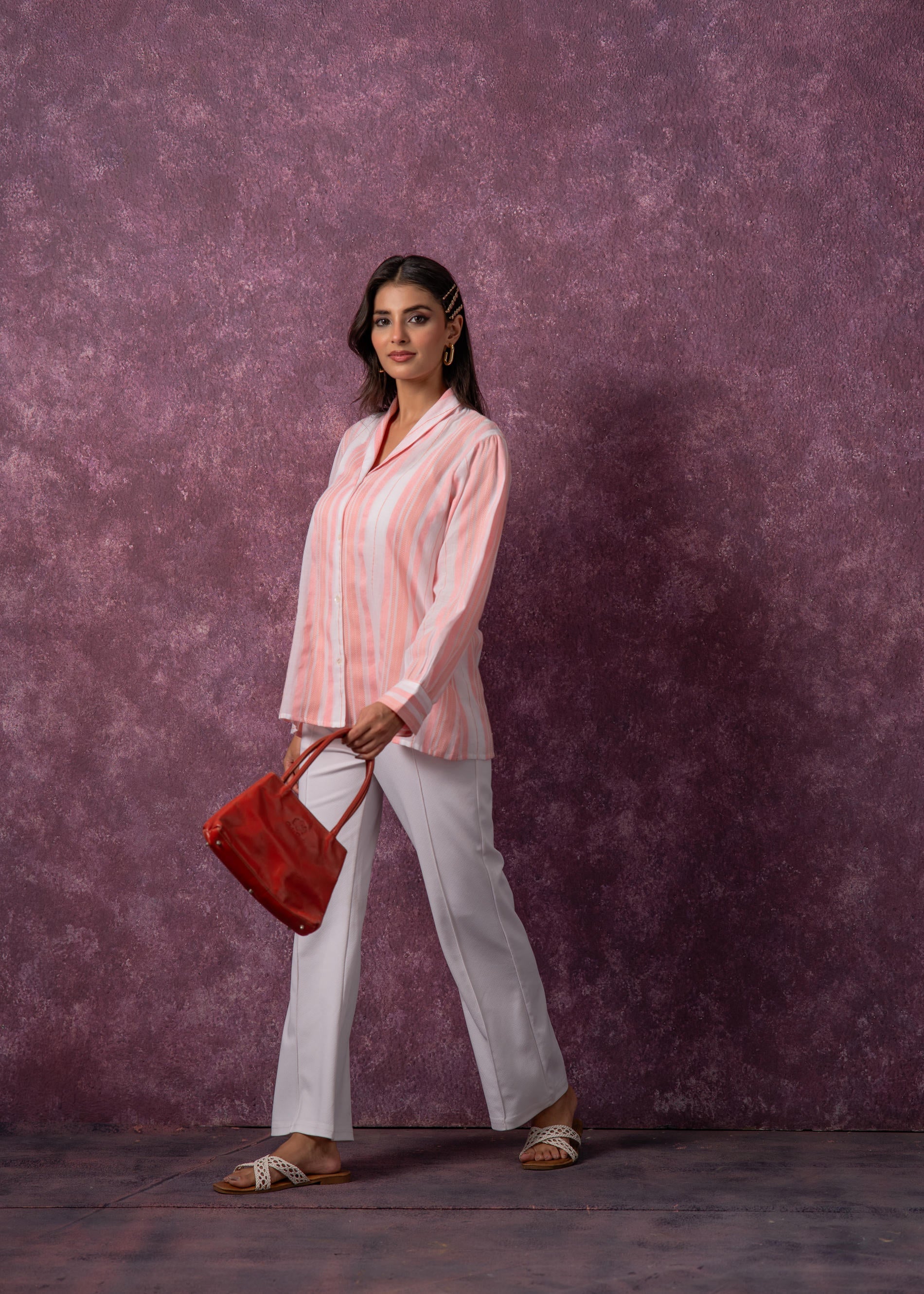 Juniper Lamora Peach & White Vertical Striped Relaxed-Fit Button-Down Shirt | Grocsy