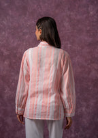 Juniper Lamora Peach & White Vertical Striped Relaxed-Fit Button-Down Shirt | Grocsy
