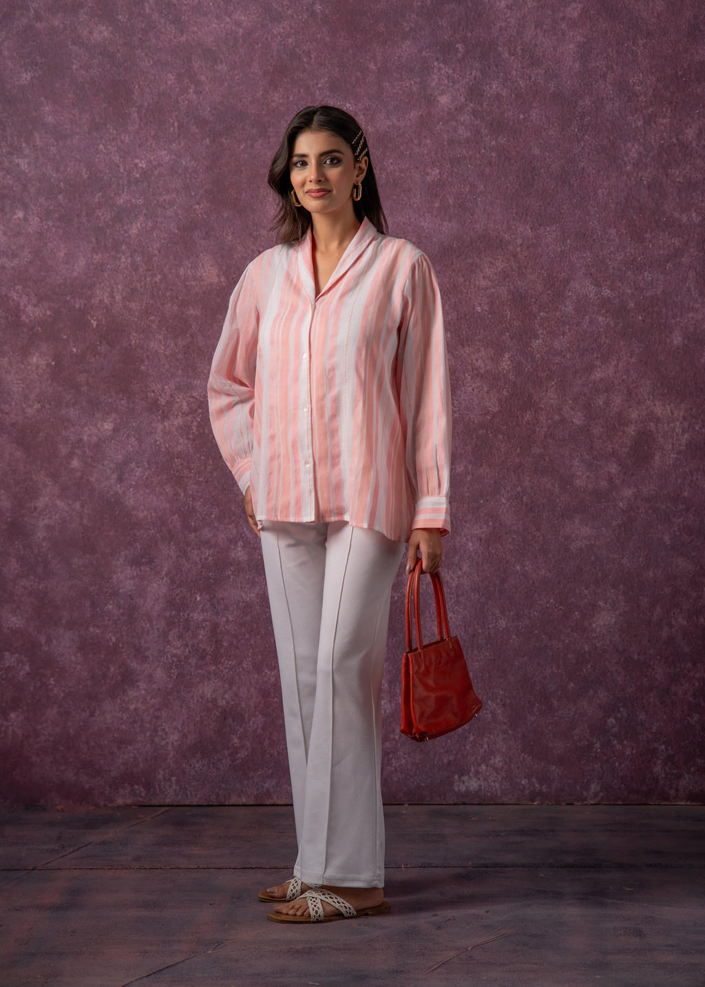 Juniper Lamora Peach & White Vertical Striped Relaxed-Fit Button-Down Shirt | Grocsy