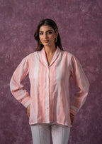 Juniper Lamora Peach & White Vertical Striped Relaxed-Fit Button-Down Shirt | Grocsy