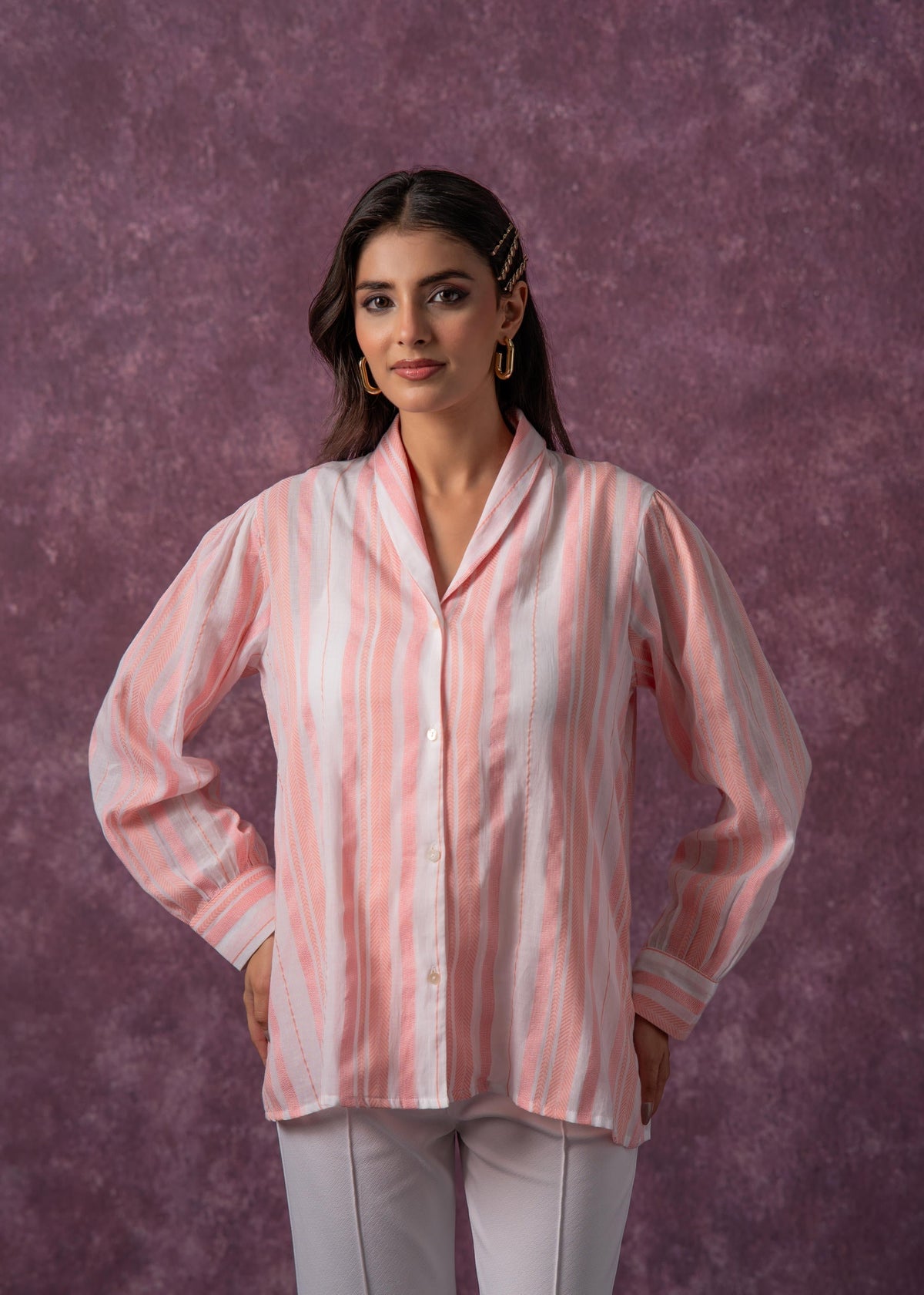 Juniper Lamora Peach & White Vertical Striped Relaxed-Fit Button-Down Shirt | Grocsy