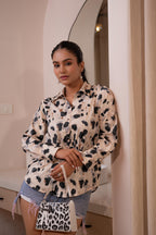 Juniper Lamora Beige Animal-Print Relaxed Fit Button-Down Shirt | Grocsy
