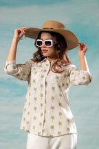 Juniper Lamora Off-White Palm Tree Printed Relaxed Fit Shirt | Grocsy