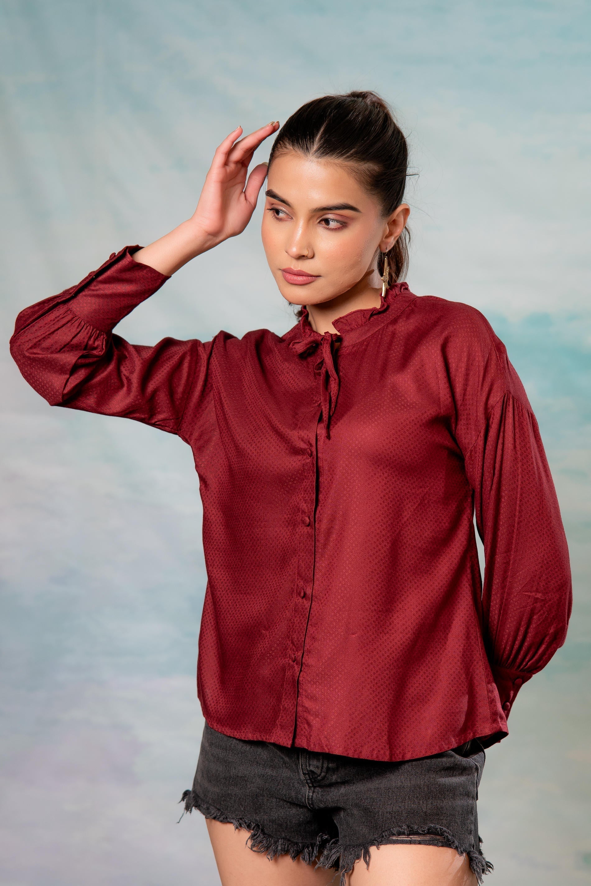 Juniper Lamora Maroon Textured High-Neck Pleated Sleeve Shirt | Grocsy