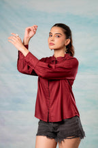 Juniper Lamora Maroon Textured High-Neck Pleated Sleeve Shirt | Grocsy
