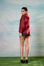 Juniper Lamora Maroon Textured High-Neck Pleated Sleeve Shirt | Grocsy
