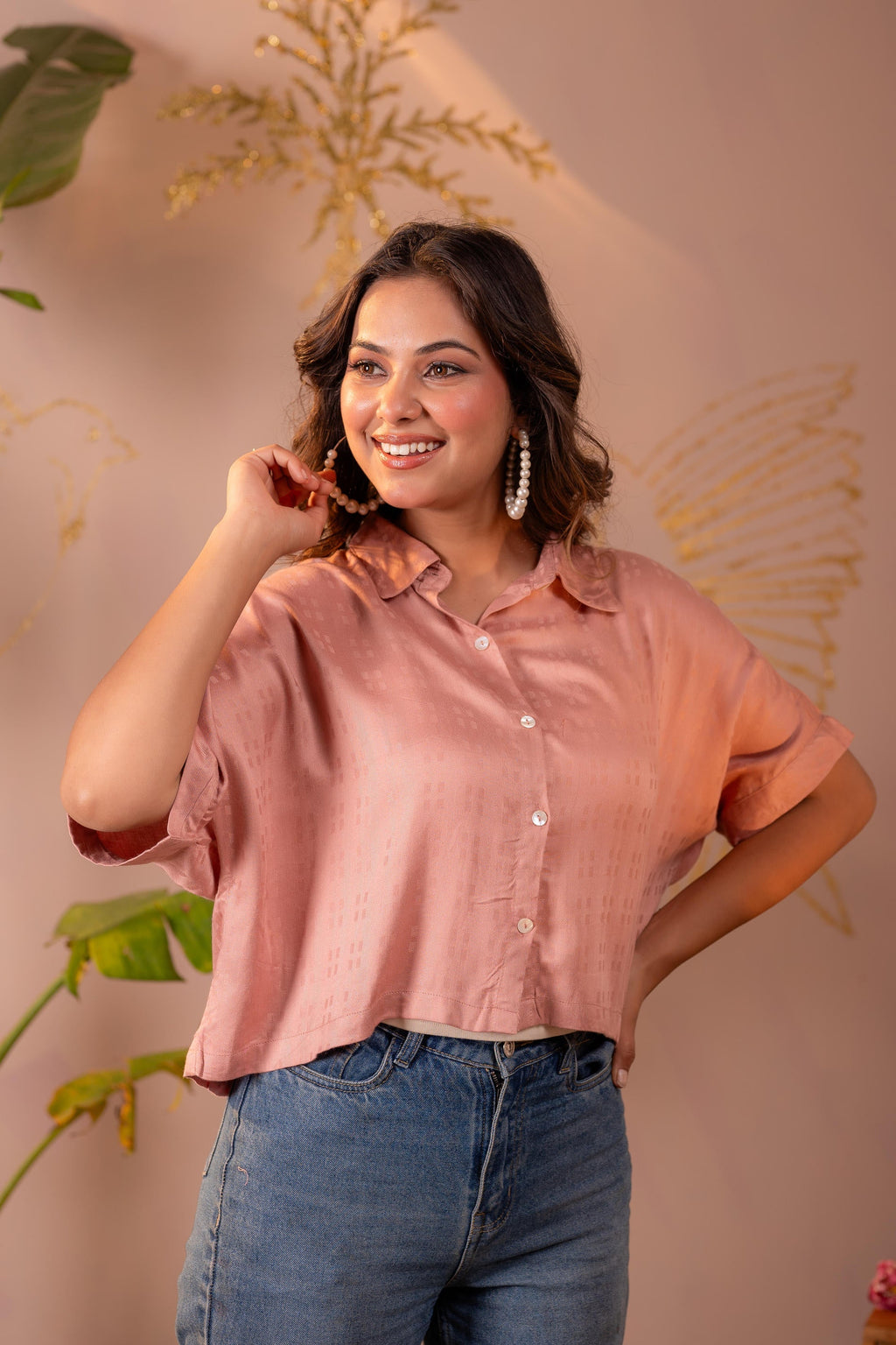 Juniper Lamora Rose Gold Textured Casual Shirt Top | Grocsy