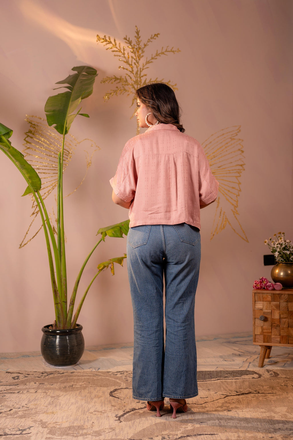 Juniper Lamora Rose Gold Textured Casual Shirt Top | Grocsy