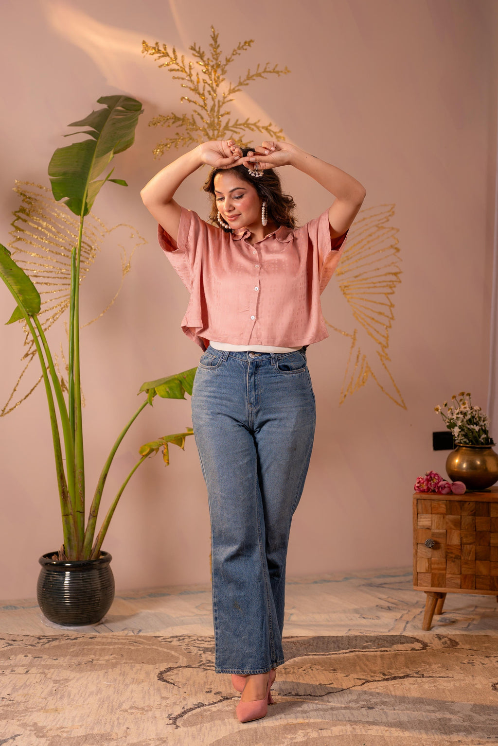 Juniper Lamora Rose Gold Textured Casual Shirt Top | Grocsy