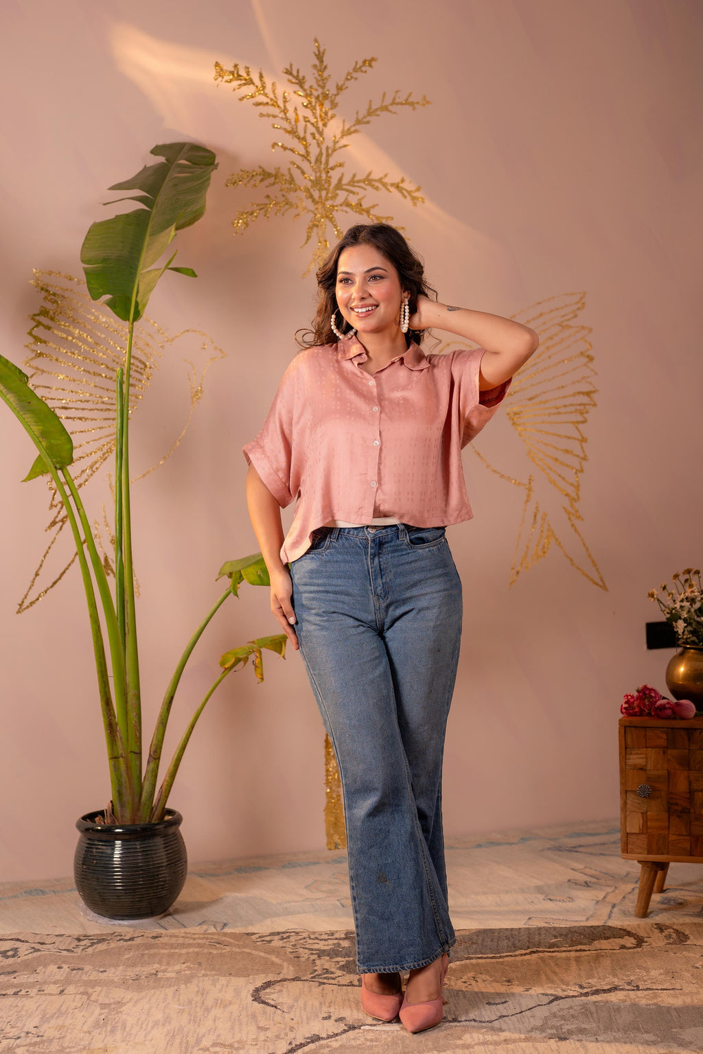 Juniper Lamora Rose Gold Textured Casual Shirt Top | Grocsy