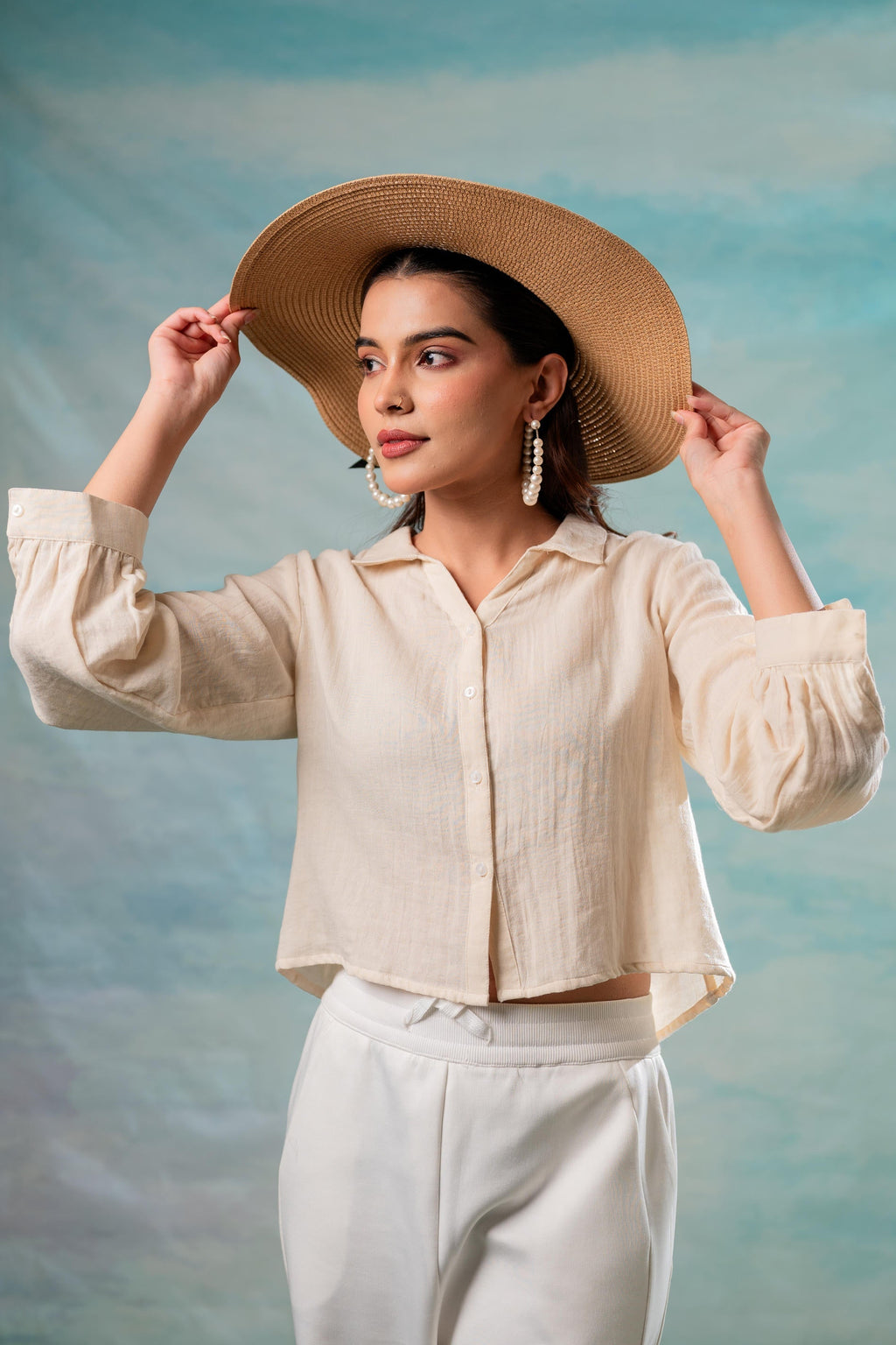 Juniper Lamora Beige Minimal Textured Shirt | Grocsy