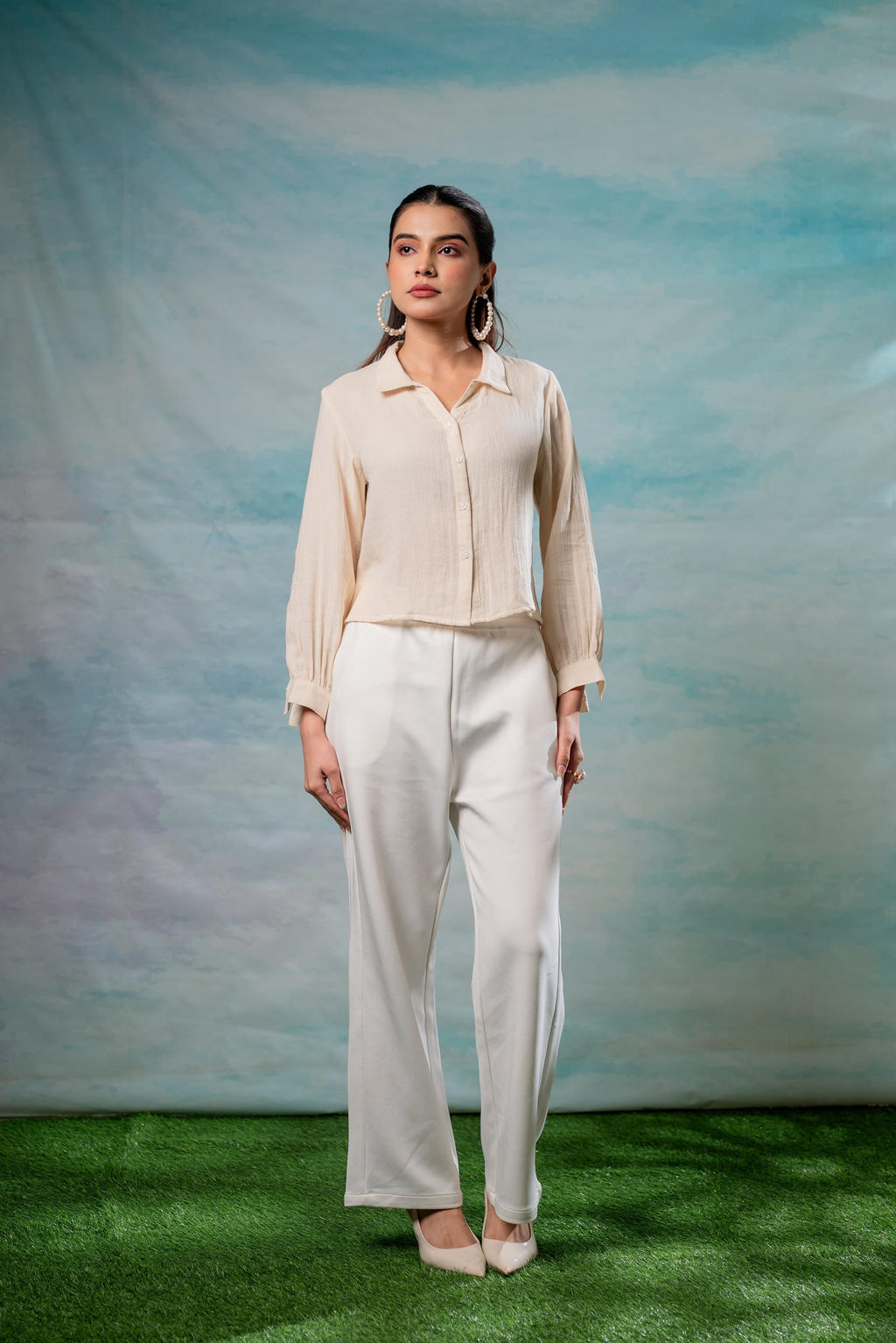 Juniper Lamora Beige Minimal Textured Shirt | Grocsy