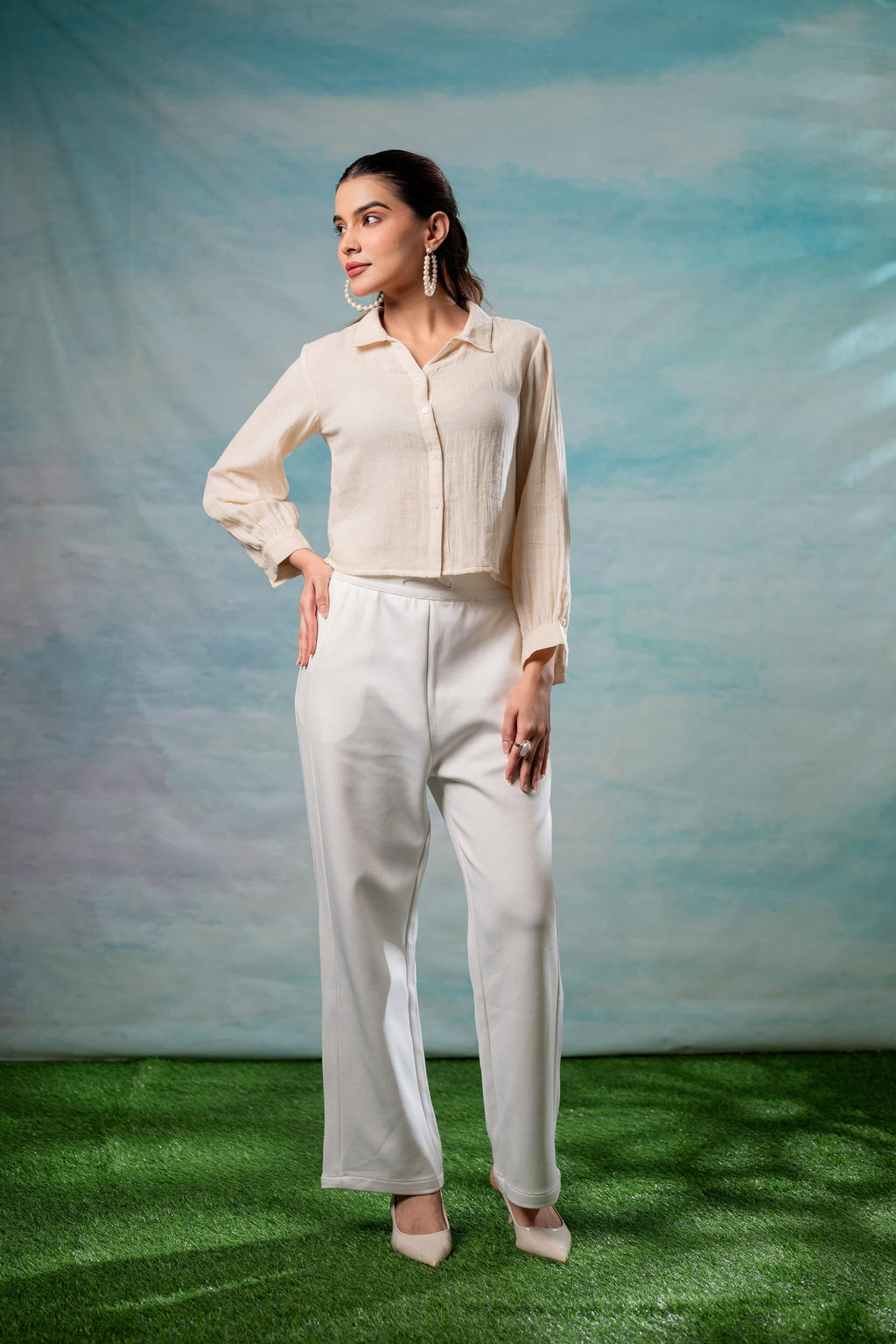 Juniper Lamora Beige Minimal Textured Shirt | Grocsy