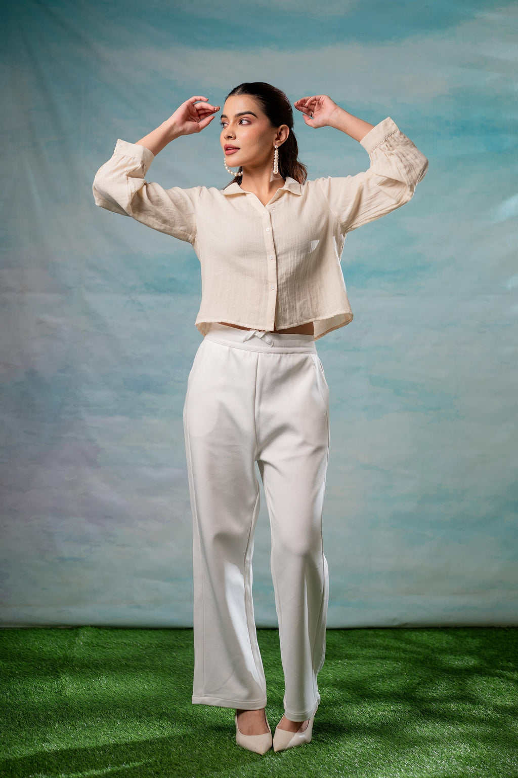Juniper Lamora Beige Minimal Textured Shirt | Grocsy