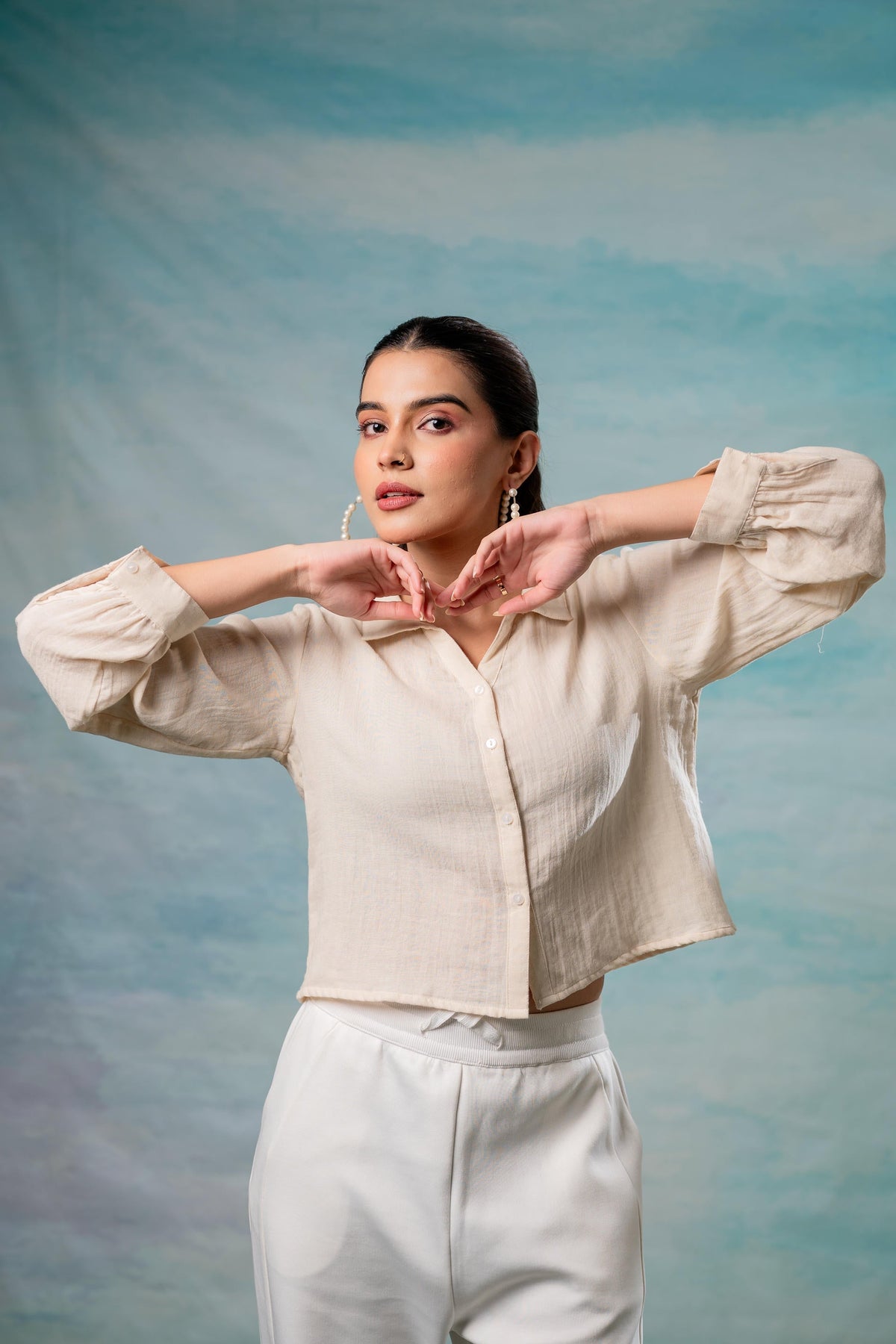 Juniper Lamora Beige Minimal Textured Shirt | Grocsy
