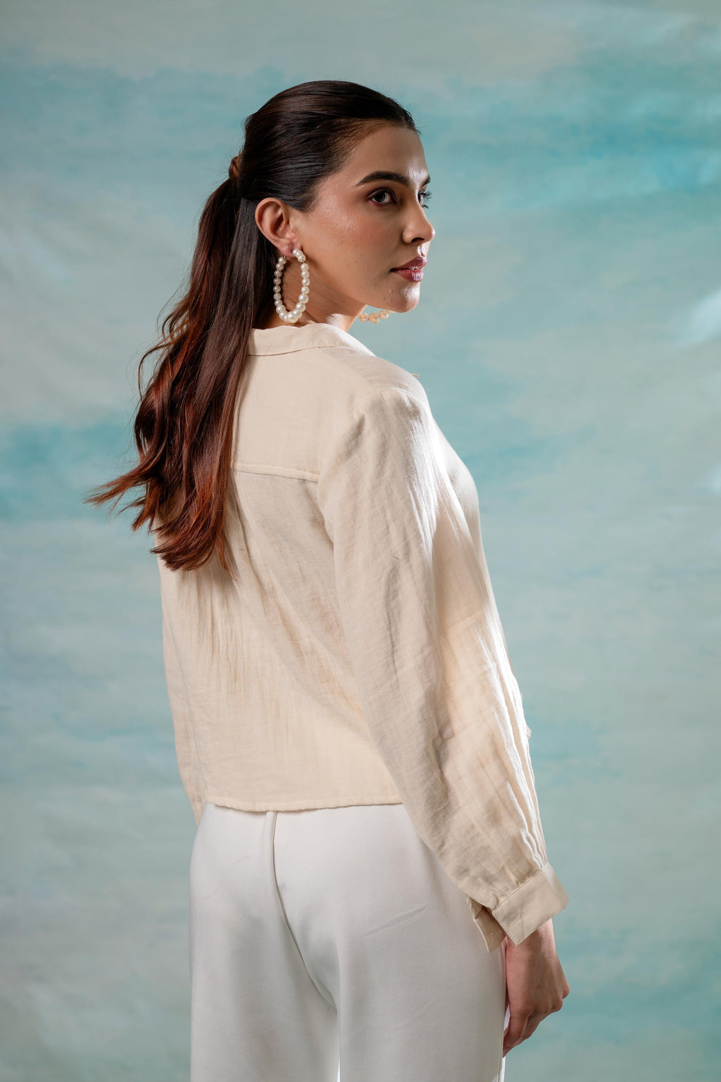 Juniper Lamora Beige Minimal Textured Shirt | Grocsy