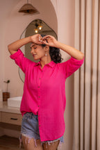 Juniper Lamora Hot Pink Solid Casual Oversized Shirt For Women | Grocsy