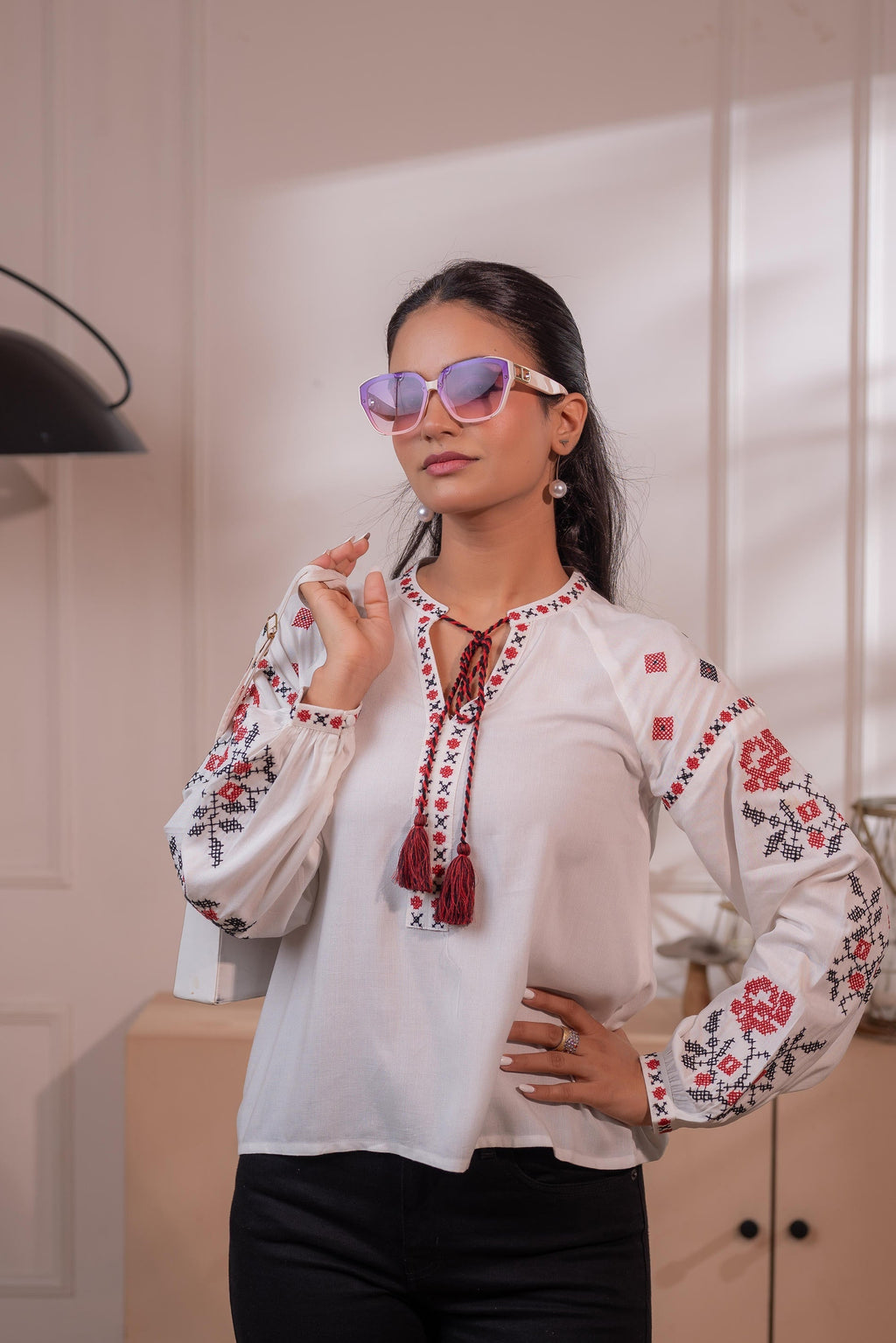 Juniper Lamora Off-White Boho Folk Peasant Top With Tassel Tie-Up Neck | Grocsy
