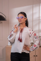 Juniper Lamora Off-White Boho Folk Peasant Top With Tassel Tie-Up Neck | Grocsy
