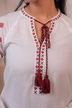 Juniper Lamora Off-White Boho Folk Peasant Top With Tassel Tie-Up Neck | Grocsy