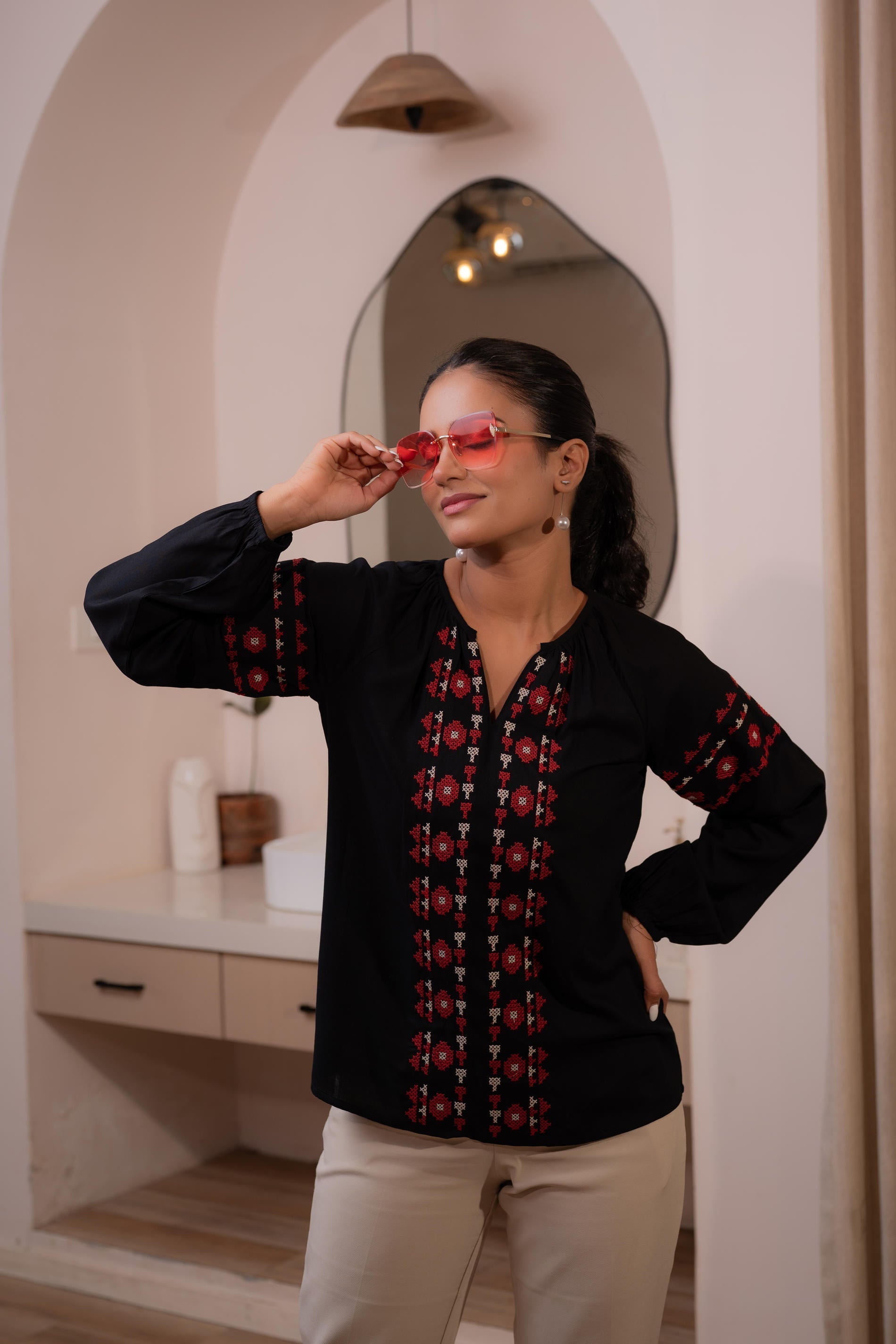 Juniper Lamora Black Boho Embroidered Tunic With Geometric Red Motifs | Grocsy